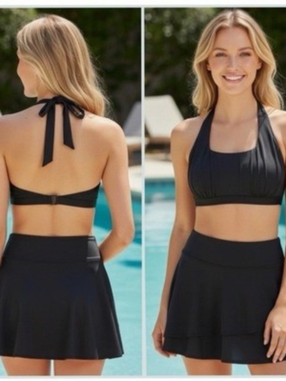 Lands End Swim Skirt Women Large NEW Black High Waisted Performance Pockets